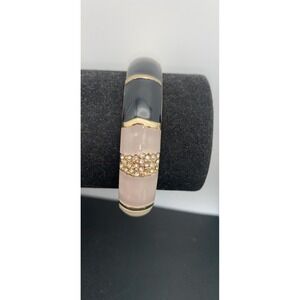 Gold Tone & black, cream & gray Enamel Rhinestone Bangle Hinged Clamper Bracelet